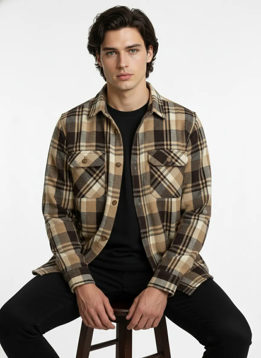 Checked Utility Shirt With Dual Pocket- Brown