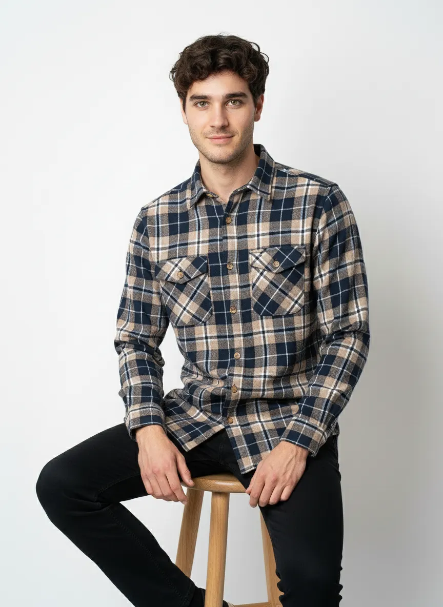 Brushed Check Utility Dual Pocket Shirt – Navy