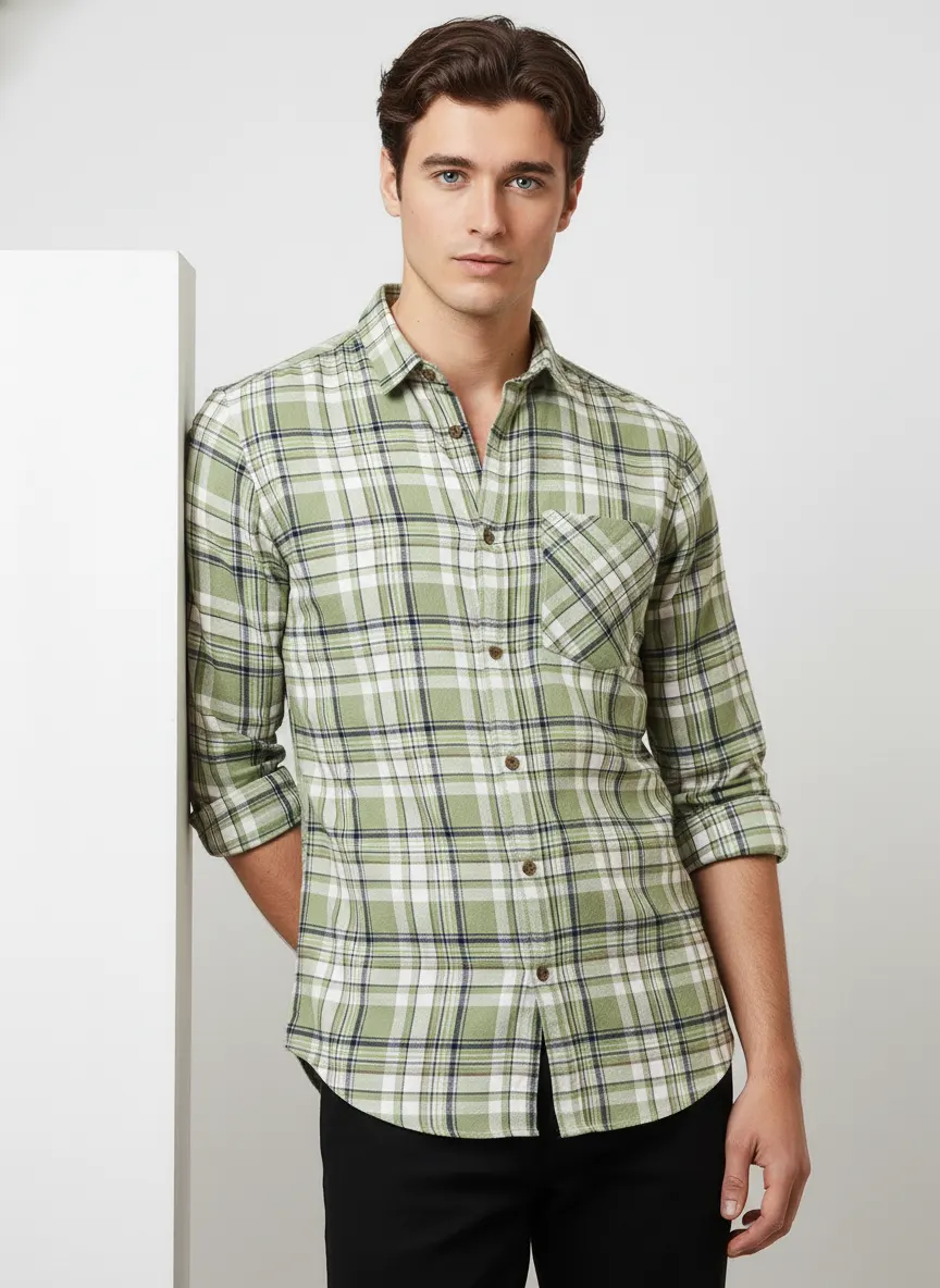 Tailored Check Cotton Shirt – Olive Sage